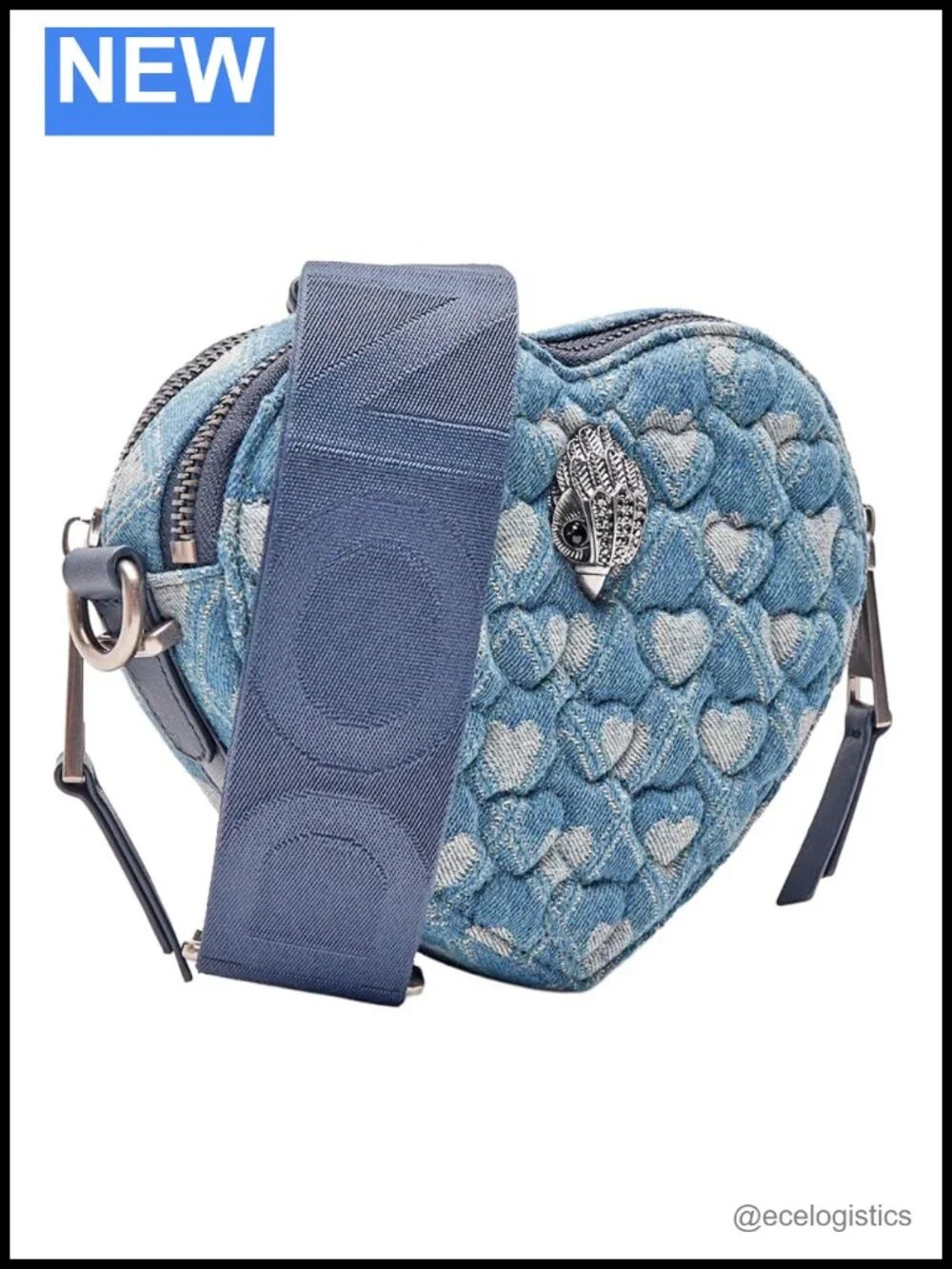 Denim Heart Crossbody Bag with Chain Strap, Zip Closure, Slash Pocket